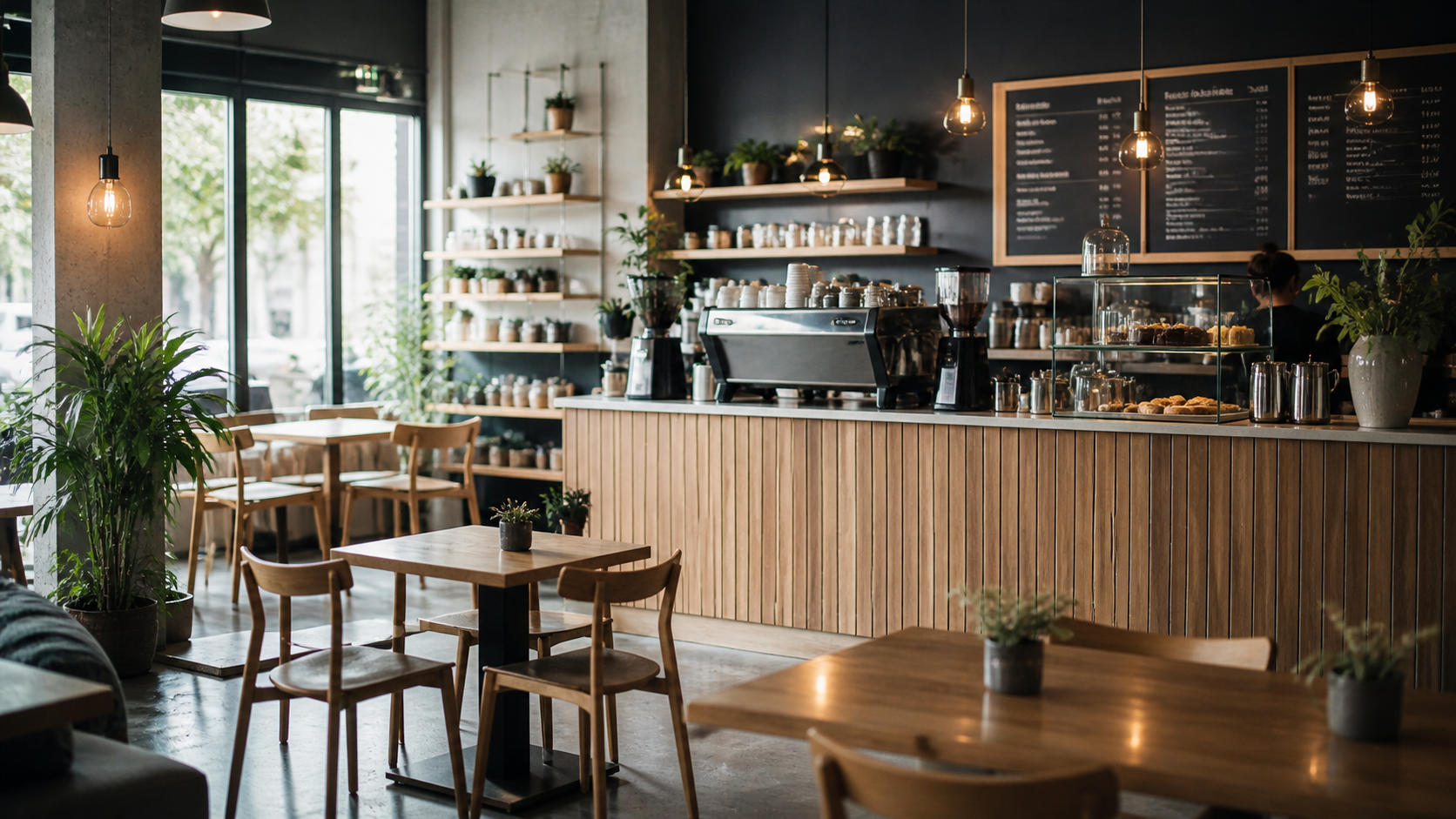 Warm neighbourhood café interior with shared tables