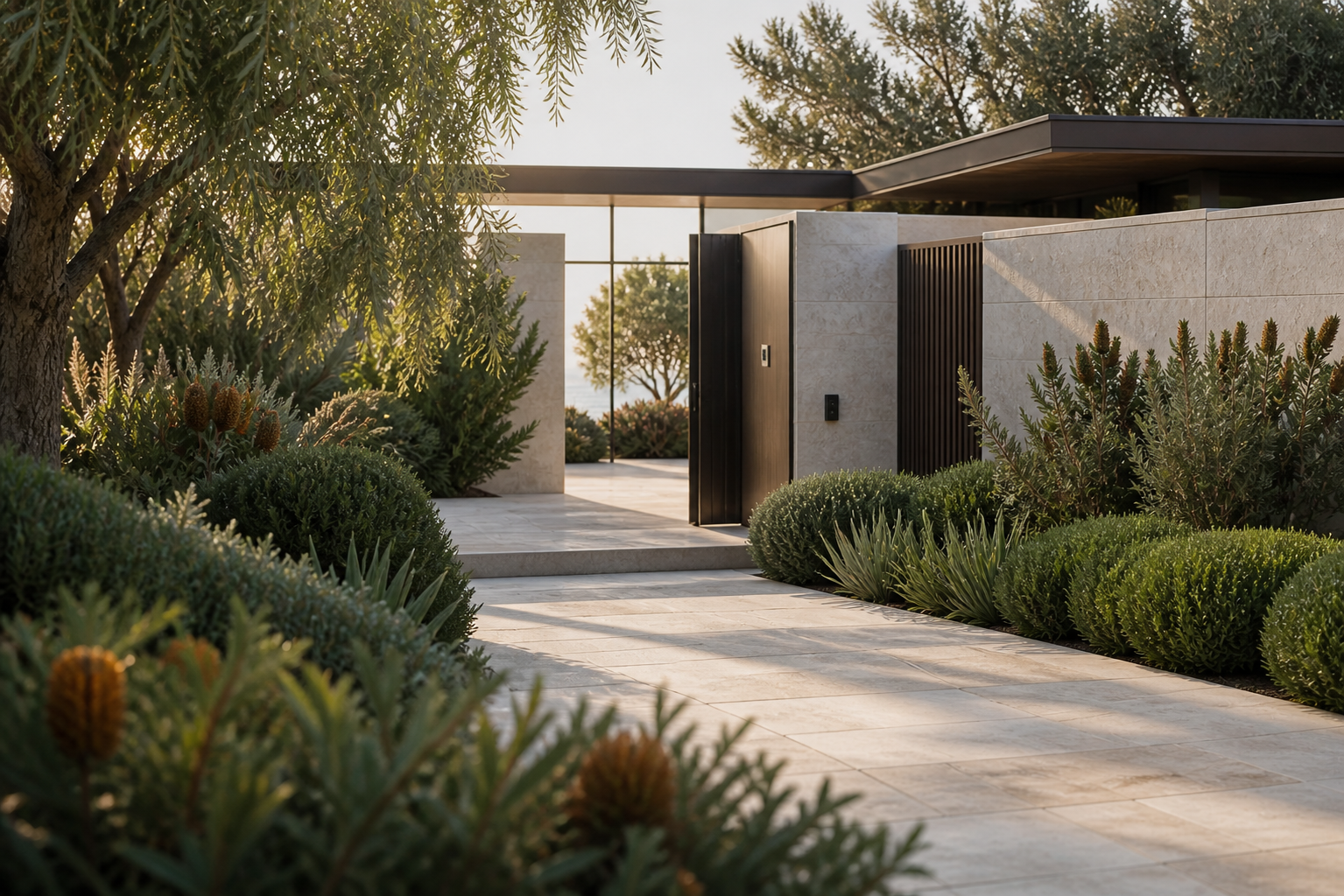 Contemporary entrance landscape with layered planting