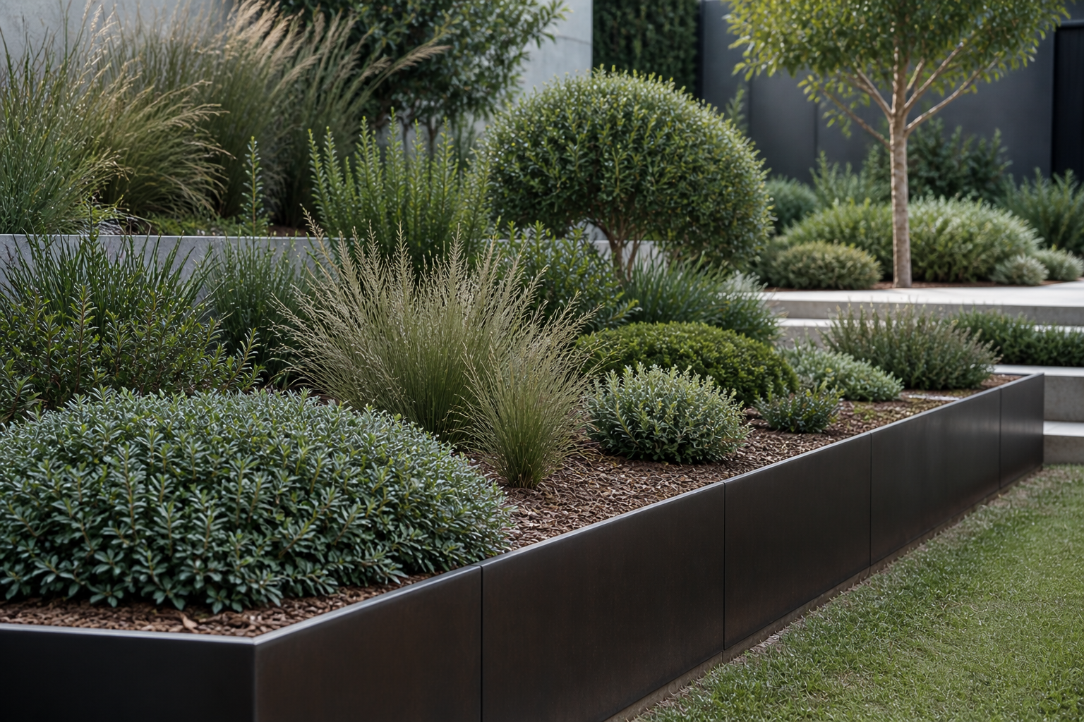 Structured garden bed with soft texture planting