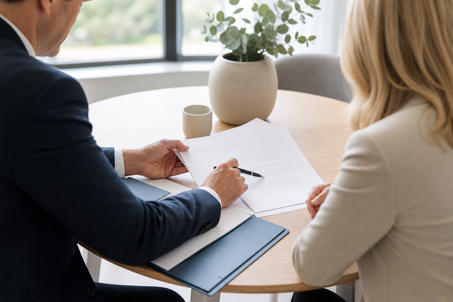 Lawyer and client reviewing estate documents in a meeting room